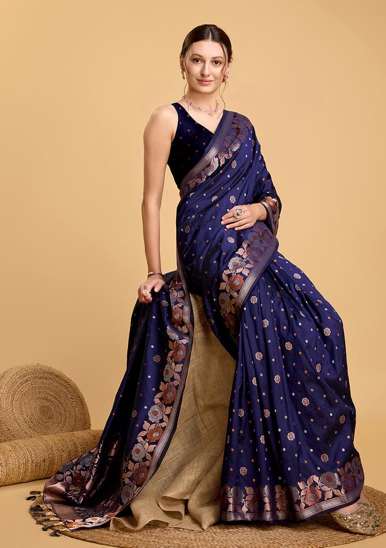 Navy Blue Jacquard Silk Saree Set
