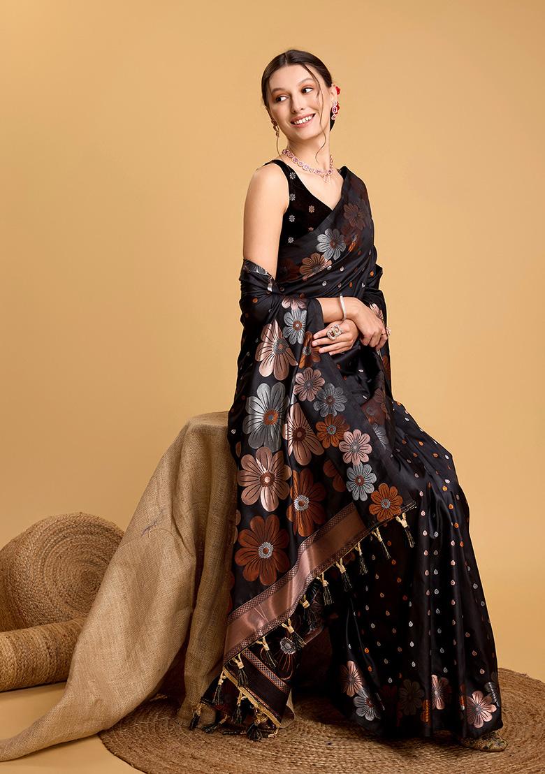 Black Jacquard Silk Saree Set
