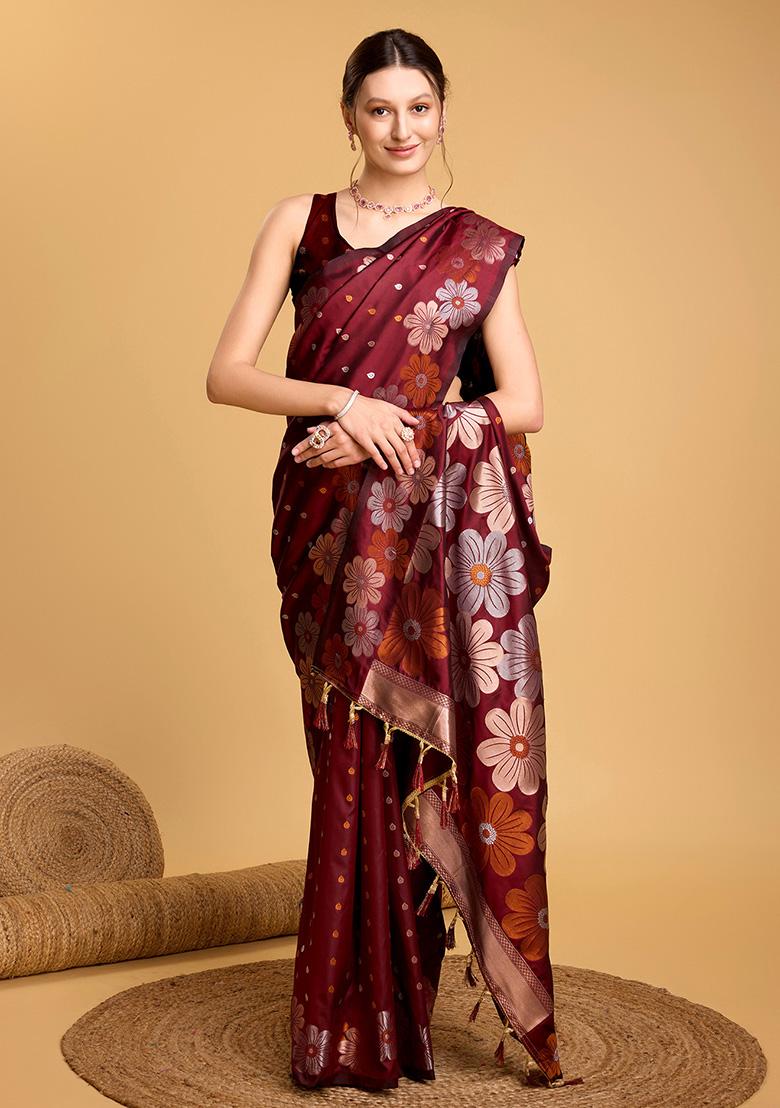Maroon Jacquard Silk Saree Set