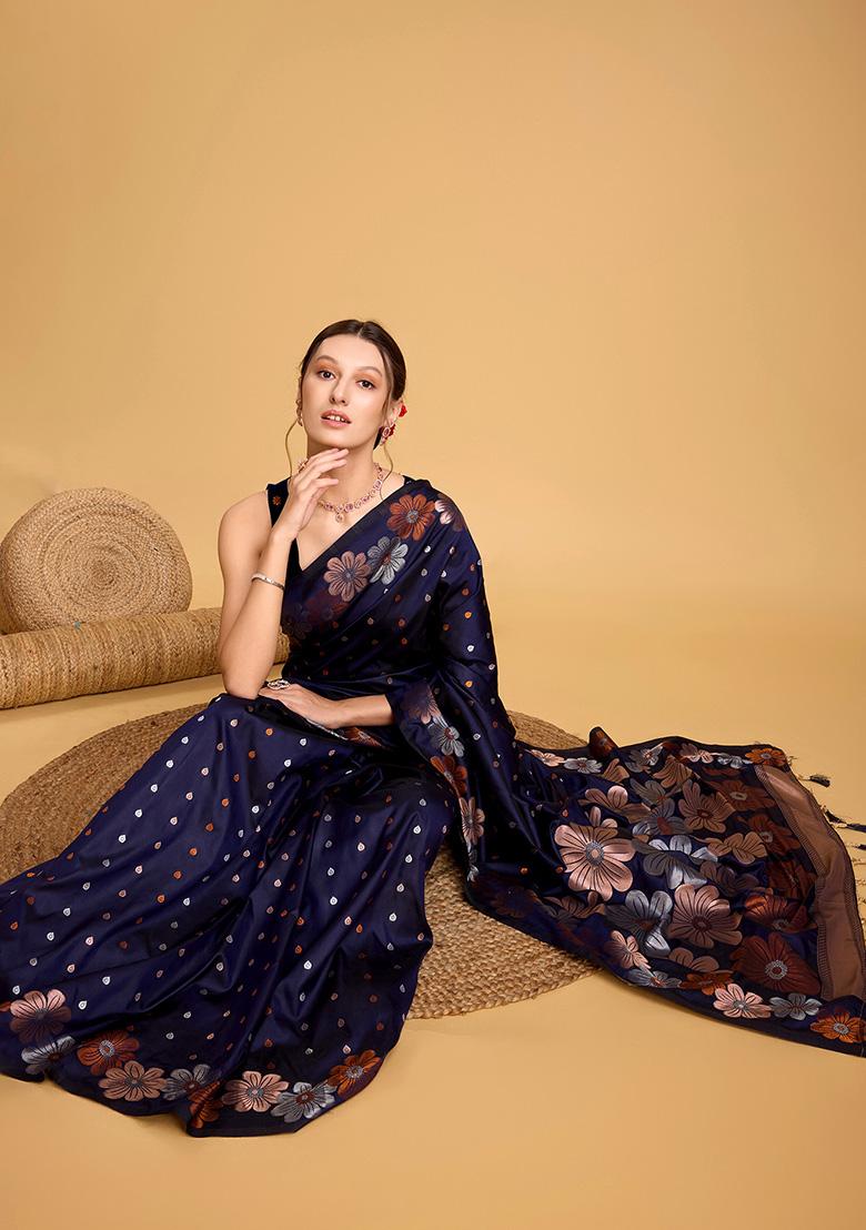 Navy Blue Jacquard Silk Saree Set