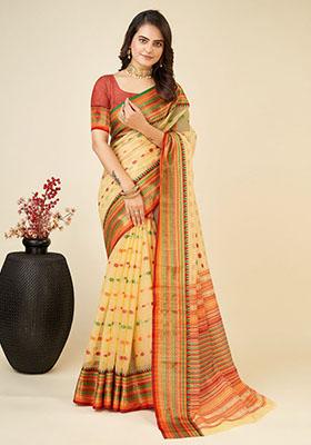 Mustard Yellow Jacquard Art Silk Saree Set