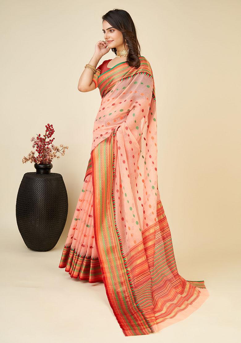 Peach Jacquard Art Silk Saree Set