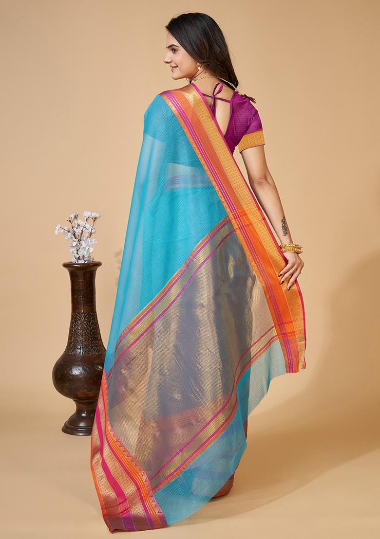 Rama Blue Jacquard Cotton Saree Set