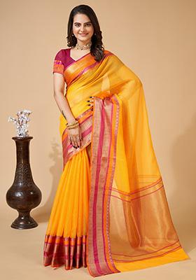 Yellow Jacquard Cotton Saree Set
