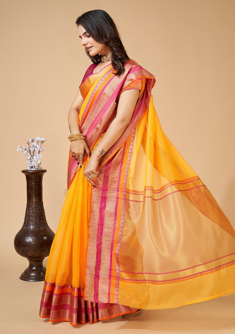 Yellow Jacquard Cotton Saree Set