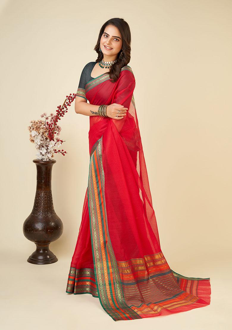 Red Jacquard Cotton Saree Set