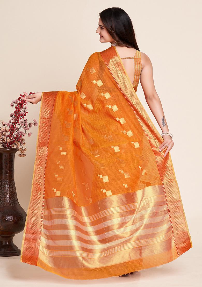 Orange Jacquard Cotton Saree Set