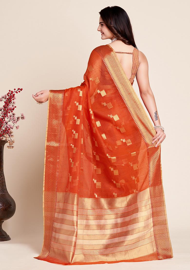 Tomatto Red Jacquard Cotton Saree Set