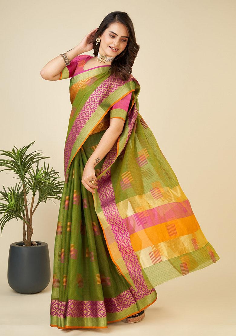 Mehendi Green Jacquard Cotton Saree Set