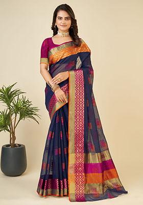 Navy Blue Jacquard Cotton Saree Set
