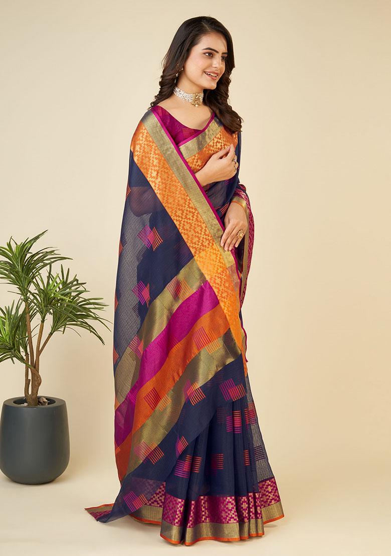 Navy Blue Jacquard Cotton Saree Set