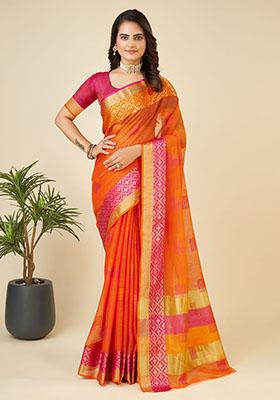 Orange Jacquard Cotton Saree Set