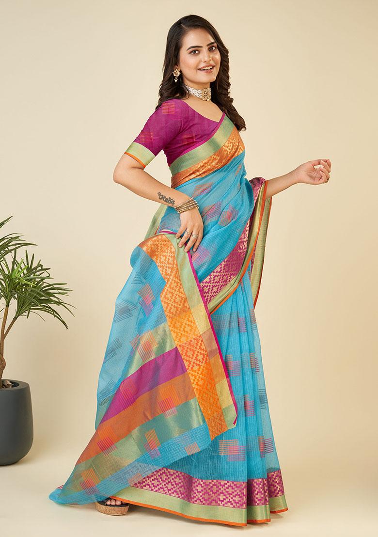 Rama Blue Jacquard Cotton Saree Set