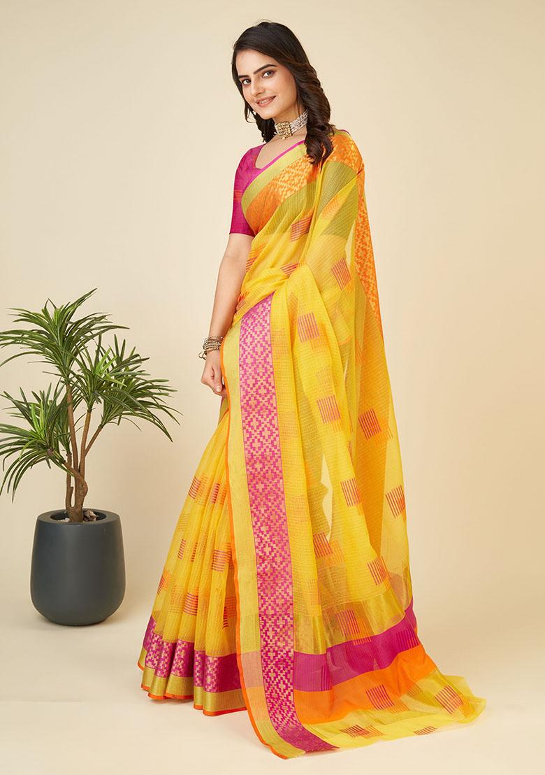 Yellow Jacquard Cotton Saree Set