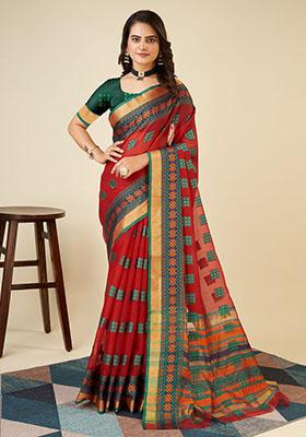 Maroon Jacquard Cotton Saree Set