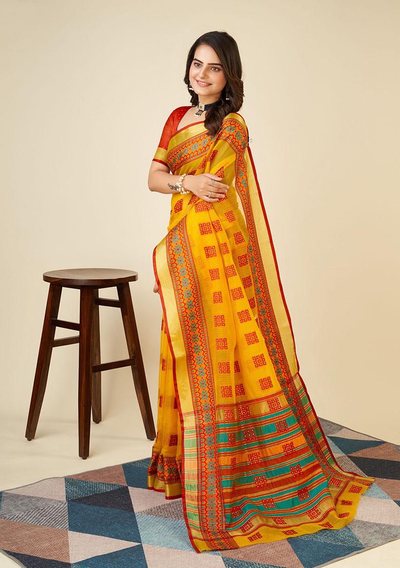 Mustard Yellow Jacquard Cotton Saree Set