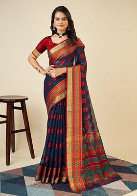 Navy Blue Jacquard Cotton Saree Set