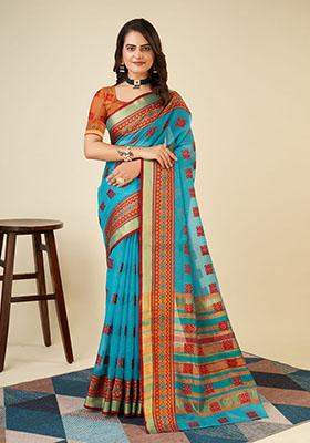 Rama Blue Jacquard Cotton Saree Set
