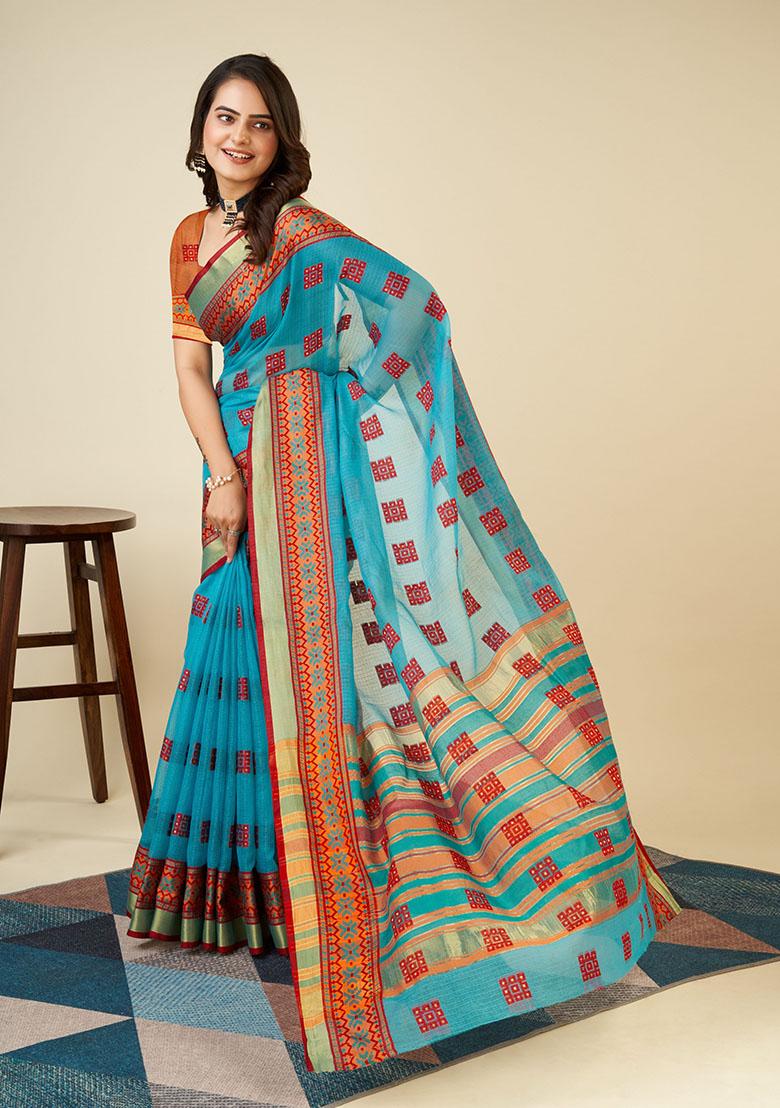 Rama Blue Jacquard Cotton Saree Set