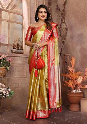 Olive Jacquard Tissue Saree Set