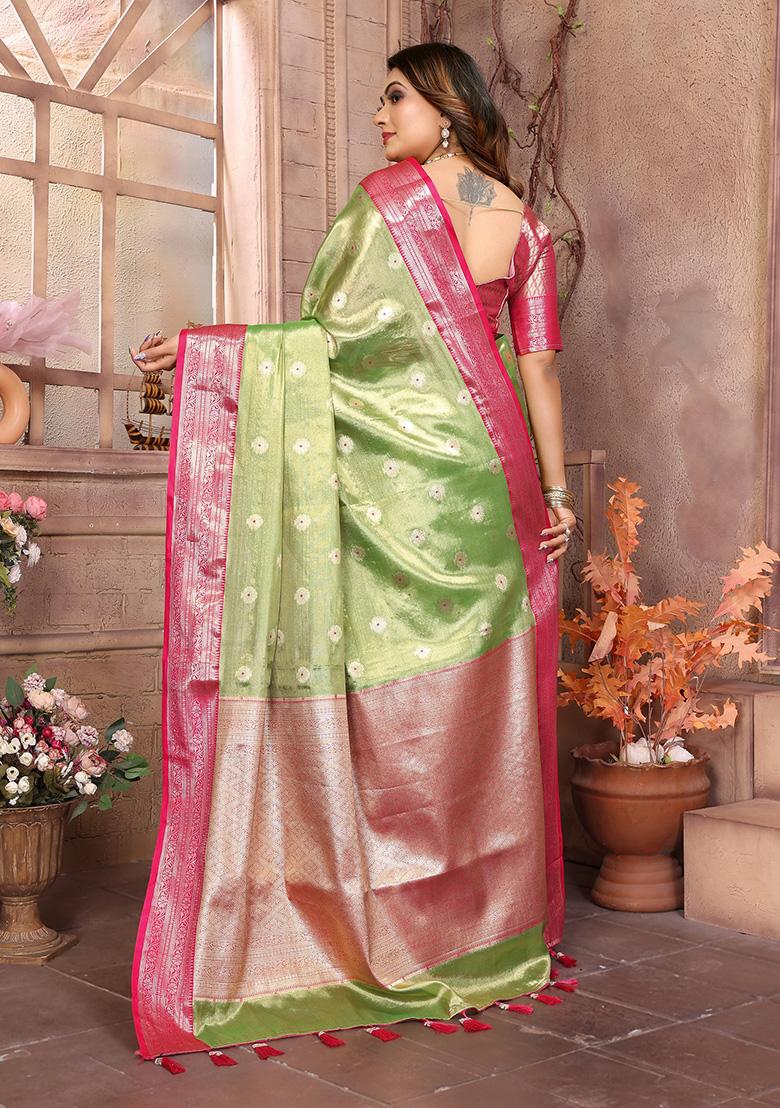 Parrot Green Jacquard Tissue Saree Set