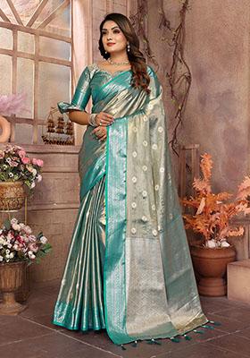 Rama Blue Jacquard Tissue Saree Set