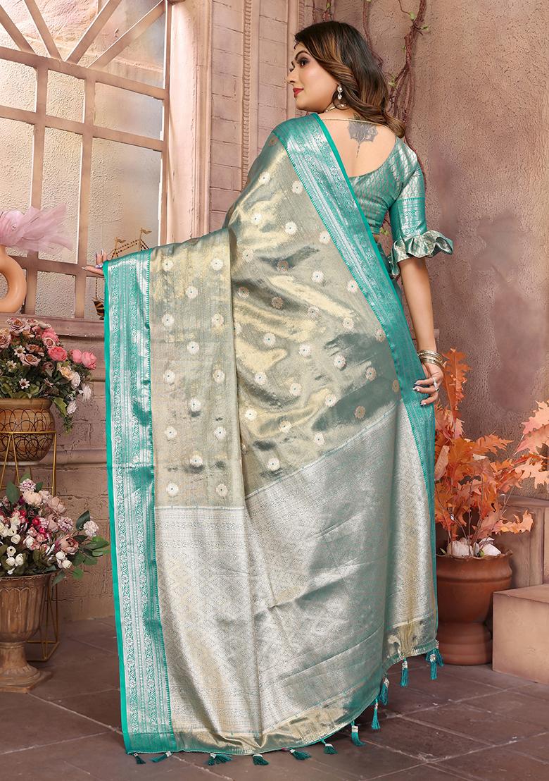 Rama Blue Jacquard Tissue Saree Set