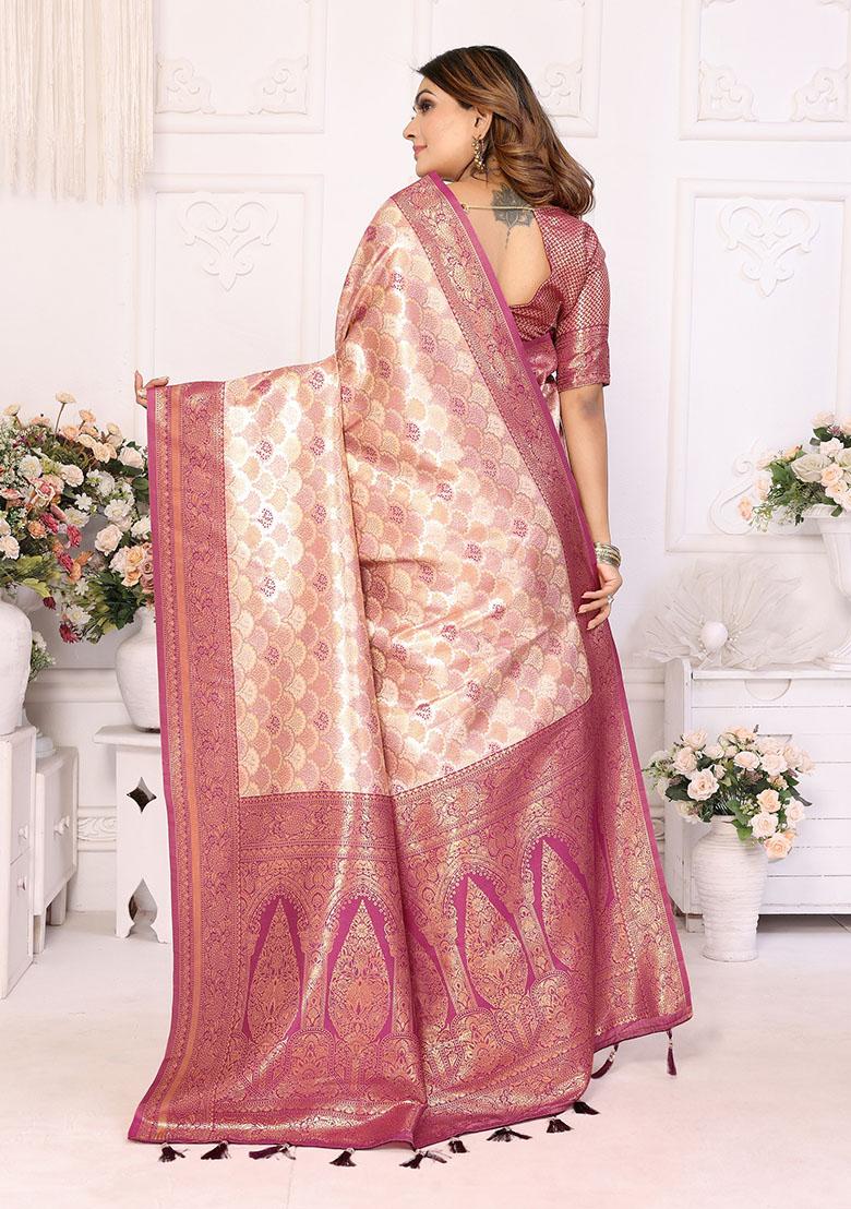 Beige Jacquard Silk Saree Set