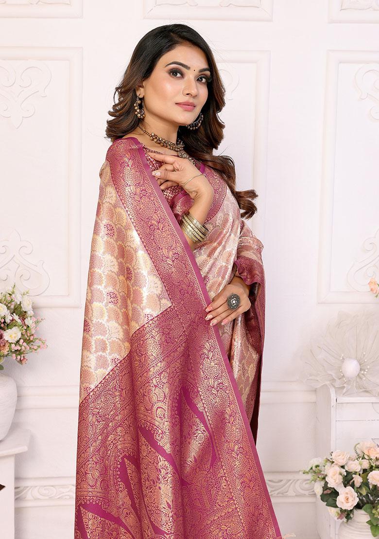 Beige Jacquard Silk Saree Set