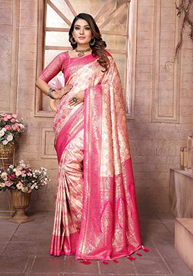 White Jacquard Silk Saree Set