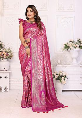 Rani Pink Jacquard Silk Saree Set