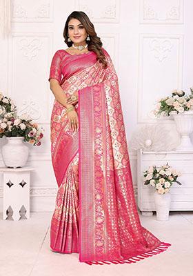 Beige Jacquard Silk Saree Set
