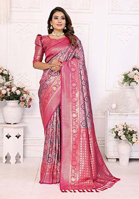 Pink Jacquard Silk Saree Set