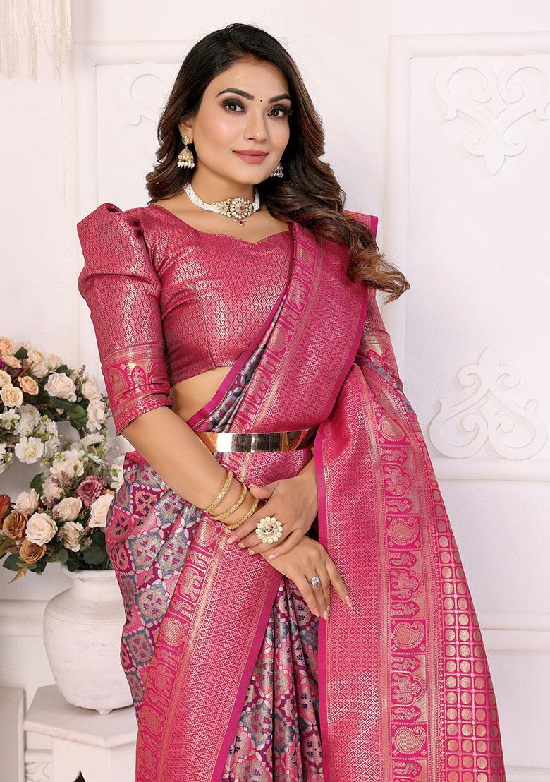 Pink Jacquard Silk Saree Set