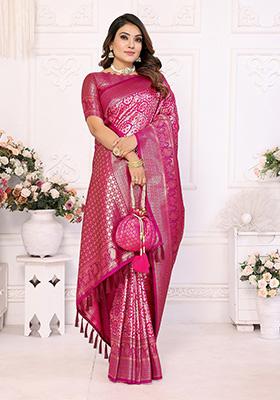Rani Pink Jacquard Silk Saree Set