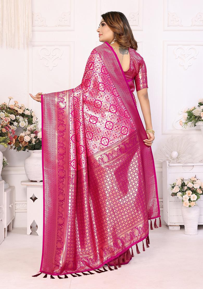 Rani Pink Jacquard Silk Saree Set