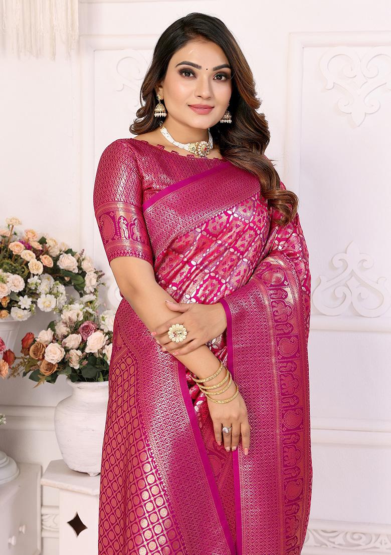 Rani Pink Jacquard Silk Saree Set