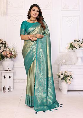 Rama Blue Jacquard Tissue Saree Set
