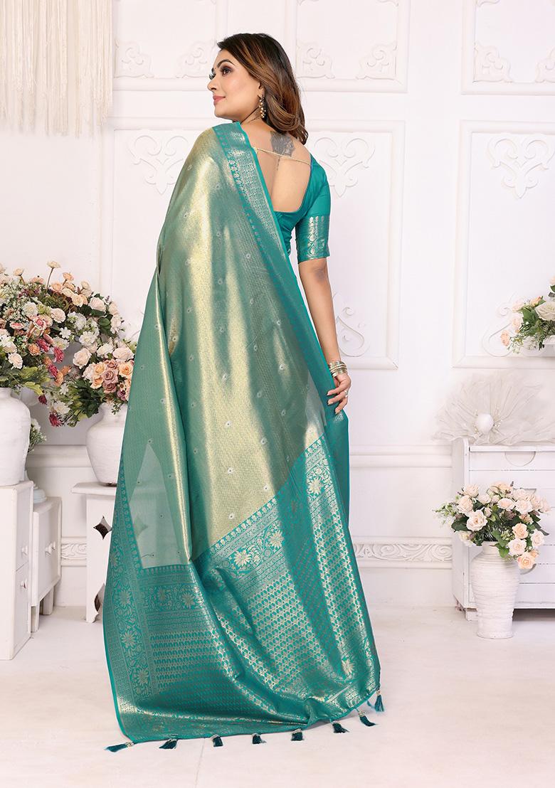 Rama Blue Jacquard Tissue Saree Set
