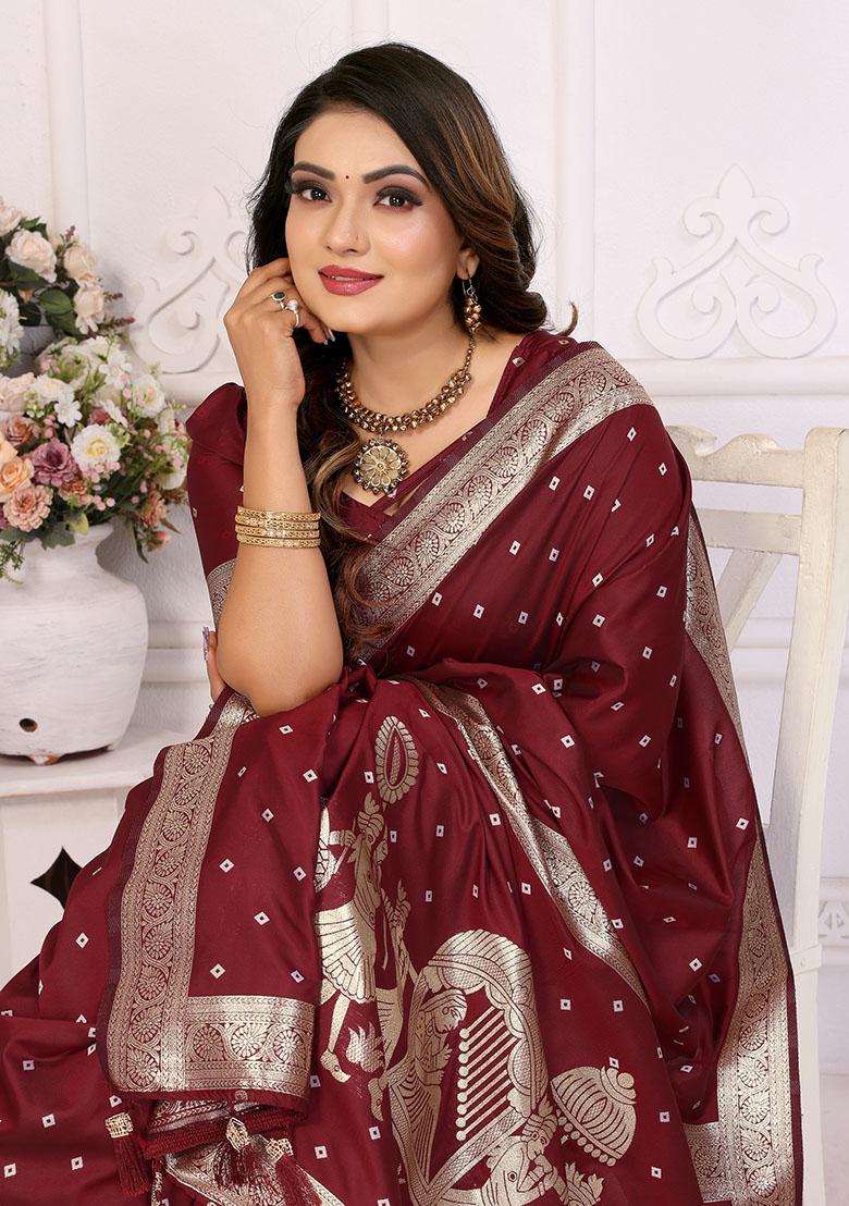 Maroon Jacquard Silk Saree Set