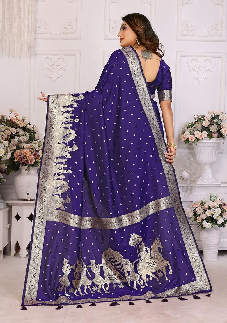 Navy Blue Jacquard Silk Saree Set