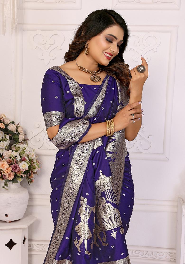 Navy Blue Jacquard Silk Saree Set