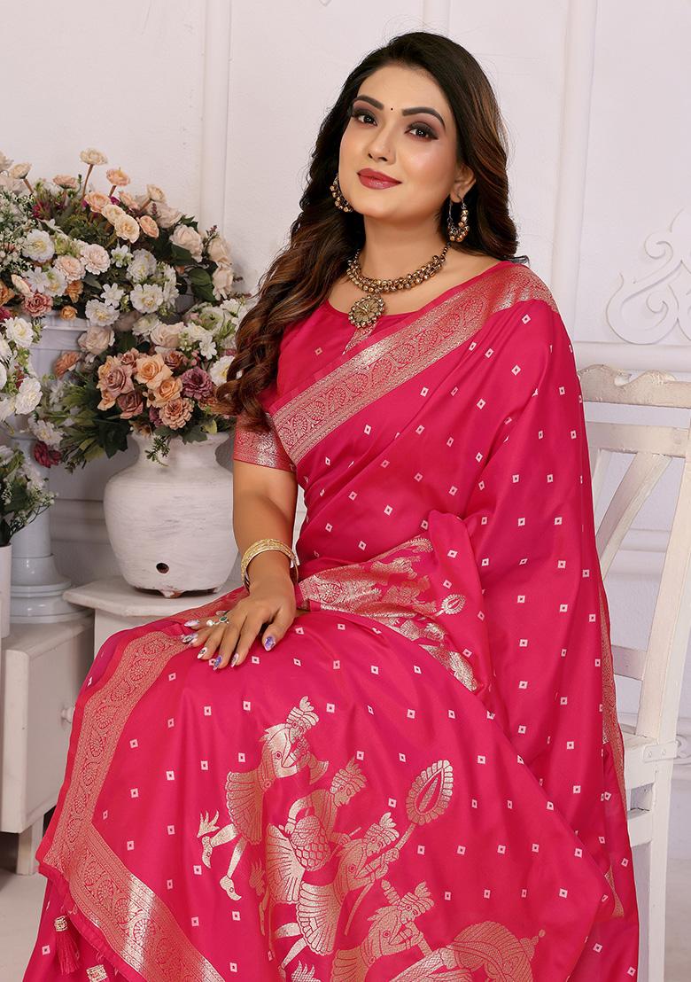 Rani Pink Jacquard Silk Saree Set