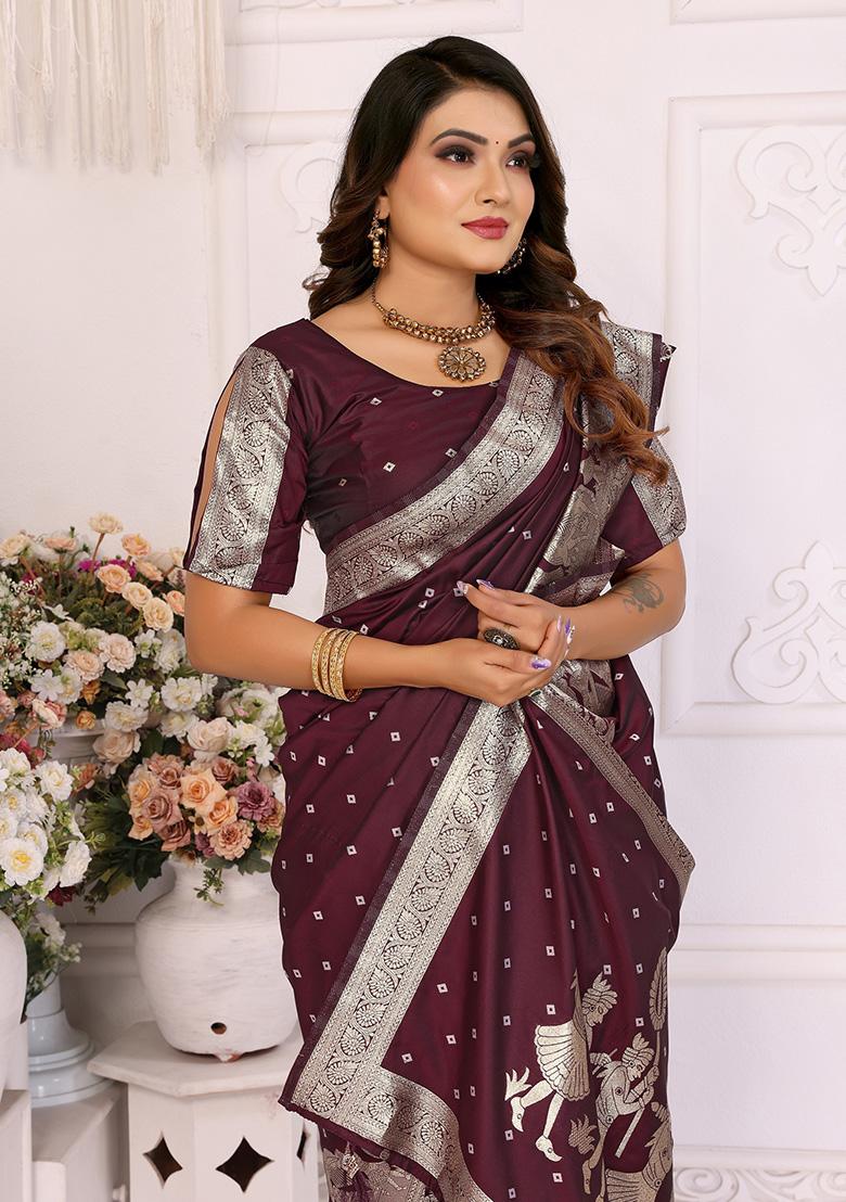 Wine Jacquard Silk Saree Set