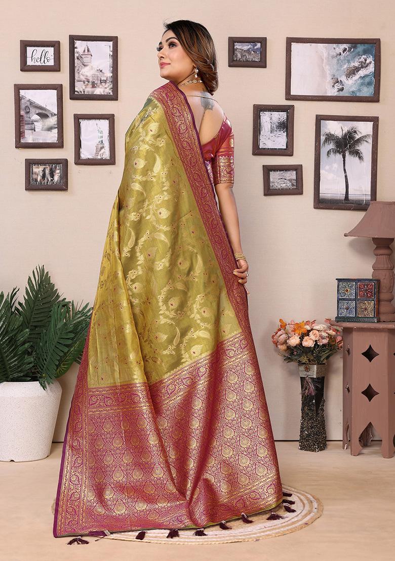 Olive Green Jacquard Tissue Saree Set