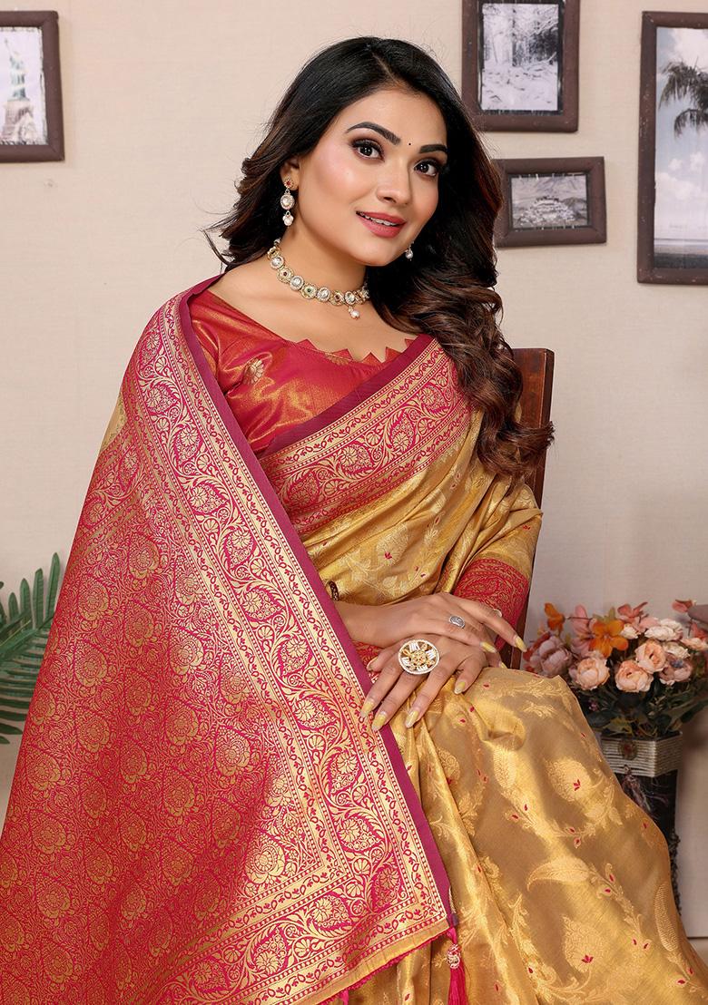 Mustard Yellow Jacquard Tissue Saree Set