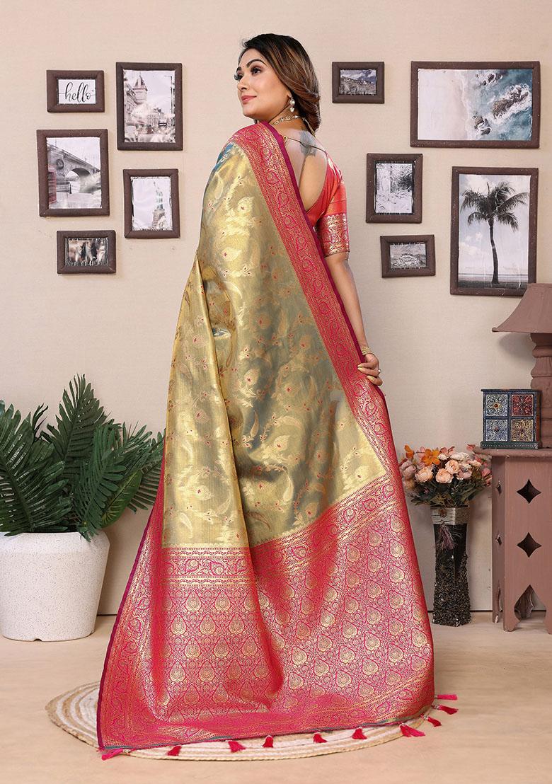 Olive Jacquard Tissue Saree Set