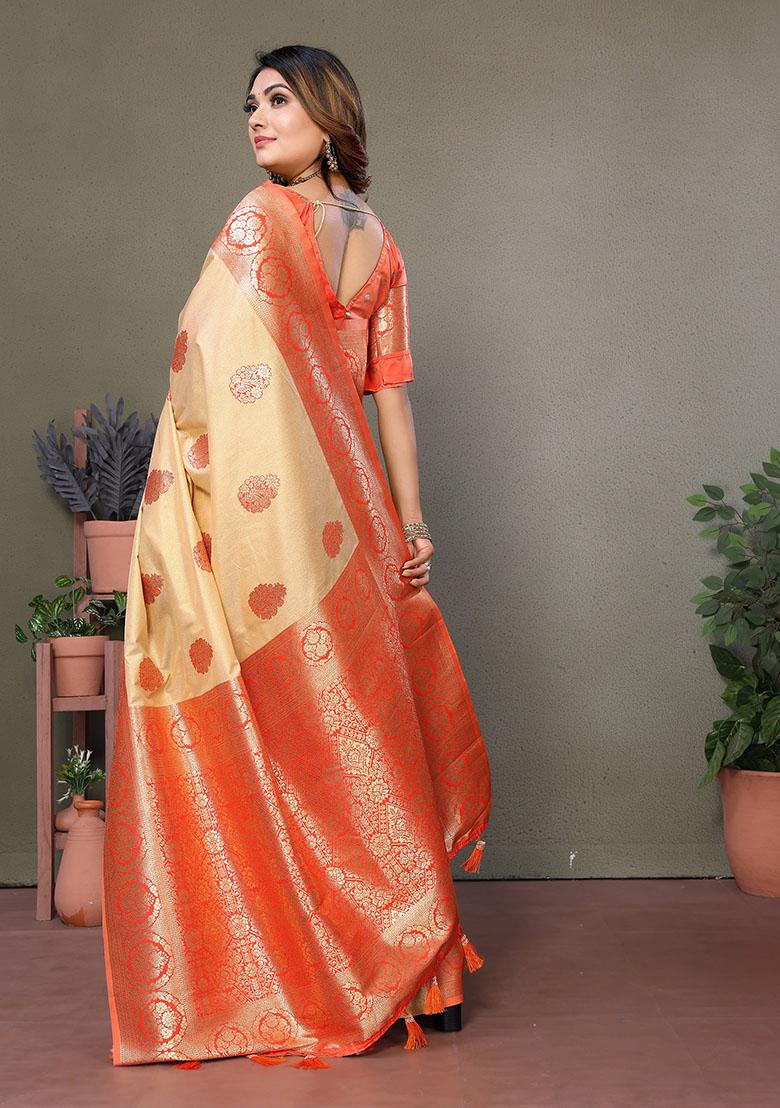 Orange Jacquard Viscose Saree Set