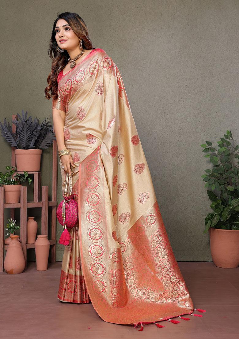 Peach Jacquard Viscose Saree Set