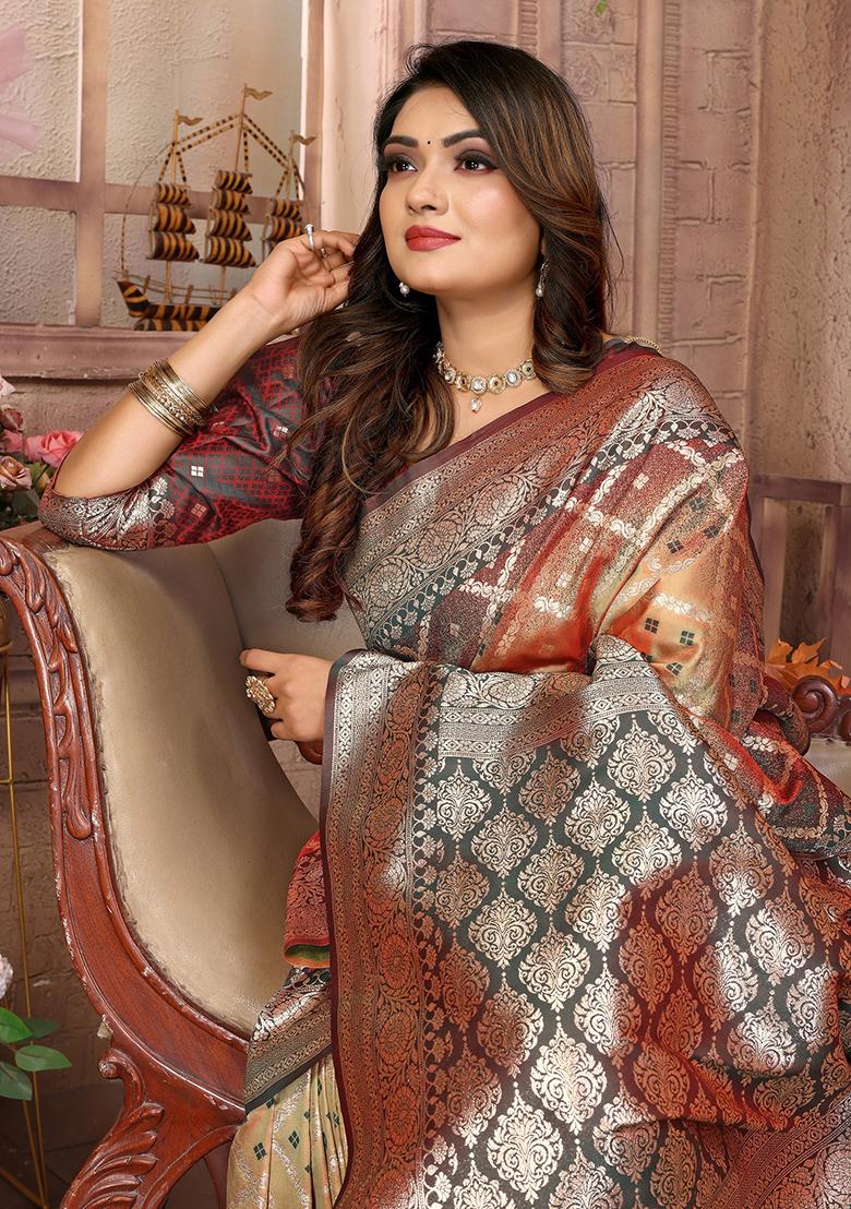Beige Jacquard Silk Saree Set